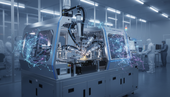 한미반도체의 차세대 HBM4 생산용 TC 본더 장비와 AI 반도체 칩 이미지