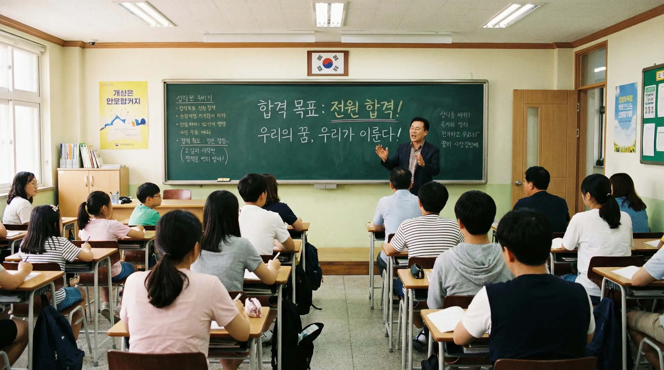 열심히 강의를 듣고 있는 수강생들과 칠판에 적힌 합격 목표, 성취감을 주는 교육 현장