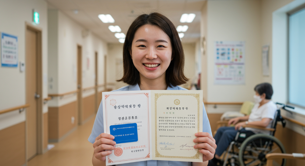 2025년 요양보호사 자격증을 취득하며 국민내일배움카드로 교육비 부담을 덜고 환하게 웃는 여성의 모습