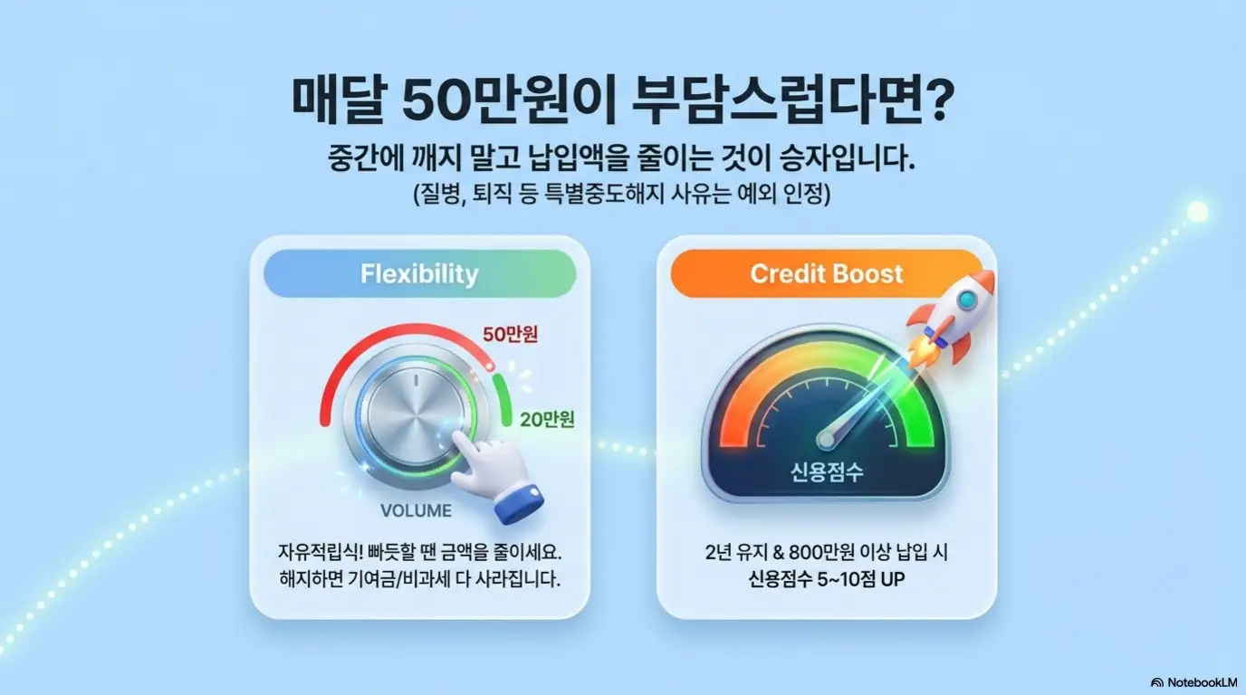 청년미래적금 가입조건: 매달 50만원이 부담될 때 중도해지 대신 납입액을 줄이는 방법을 보여주는 이미지. 청년미래적금은 자유적립식이라 50만원에서 20만원으로 조절할 수 있고 해지하면 기여금과 비과세가 사라지며 2년 유지와 800만원 이상 납입 시 신용점수가 5점에서 10점 오름을 설명한다.