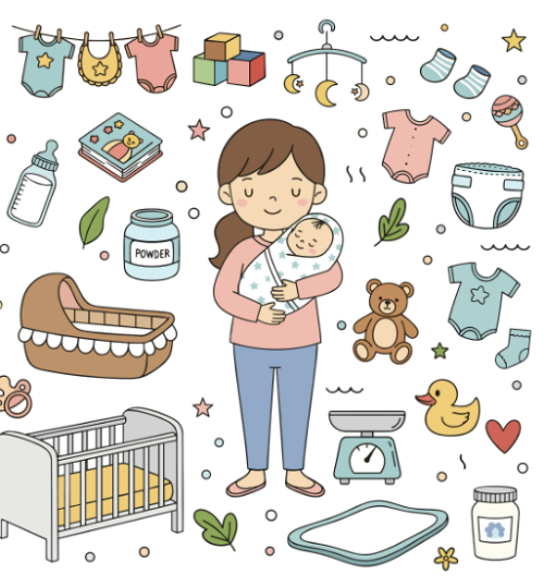 신생아를 안고 있는 엄마와 아기용품 일러스트. 기저귀, 아기 옷, 젖병, 분유, 아기 침대, 체중계, 장난감, 아기용 목욕용품 등 출산 후 필요한 육아 준비물들이 주변에 배치된 그림