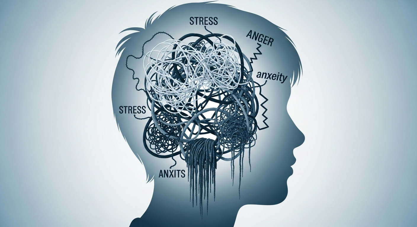복잡하게 얽힌 실타래가 청소년의 머리 속 감정을 상징하는 이미지.