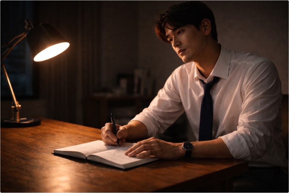 밤에 책상 앞에서 노트를 펼쳐두고 생각을 정리하며 집중하는 한국인 남자