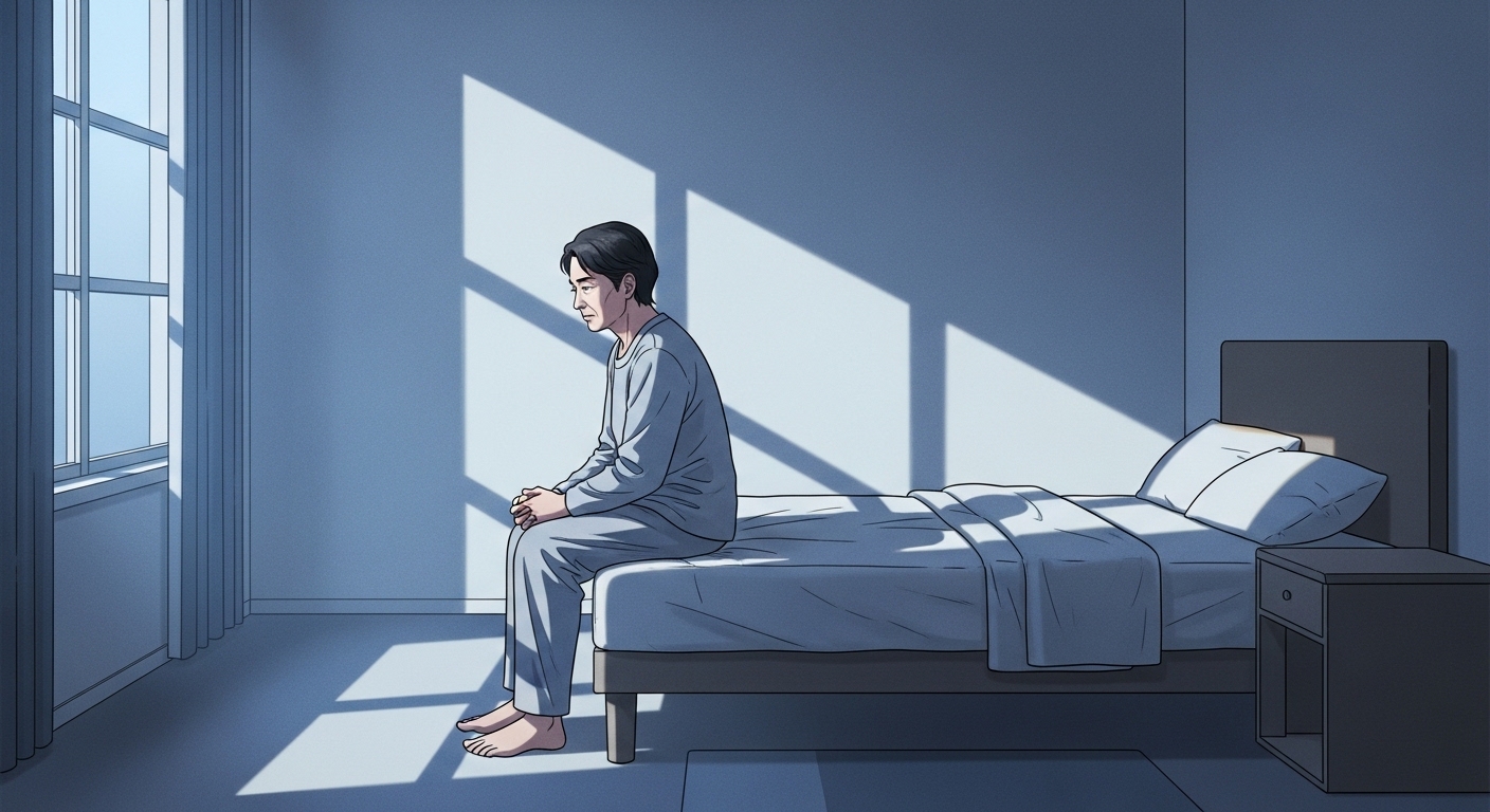 새벽에 조용히 깨어 창밖을 바라보는 50대의 순간