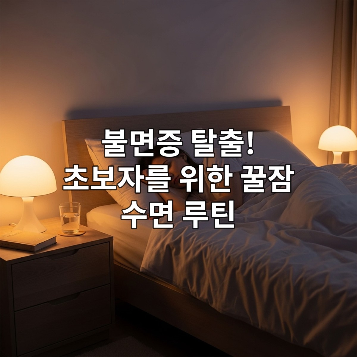 잠자리에 들기 전 은은한 조명 아래서 가벼운 스트레칭이나 요가 동작으로 몸을 이완하는 사람의 모습.