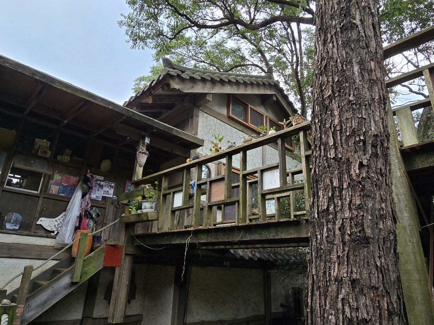 세월이 느껴지는 건물뒤에 있는 다리