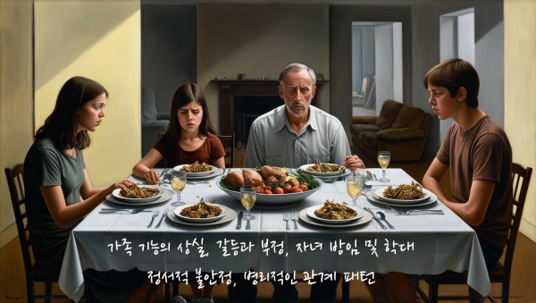 가족 기능의 상실, 갈등고 부정, 자녀 방임 및 학대, 정서적 불안정, 병리적인 관계 패턴에 관한 그림