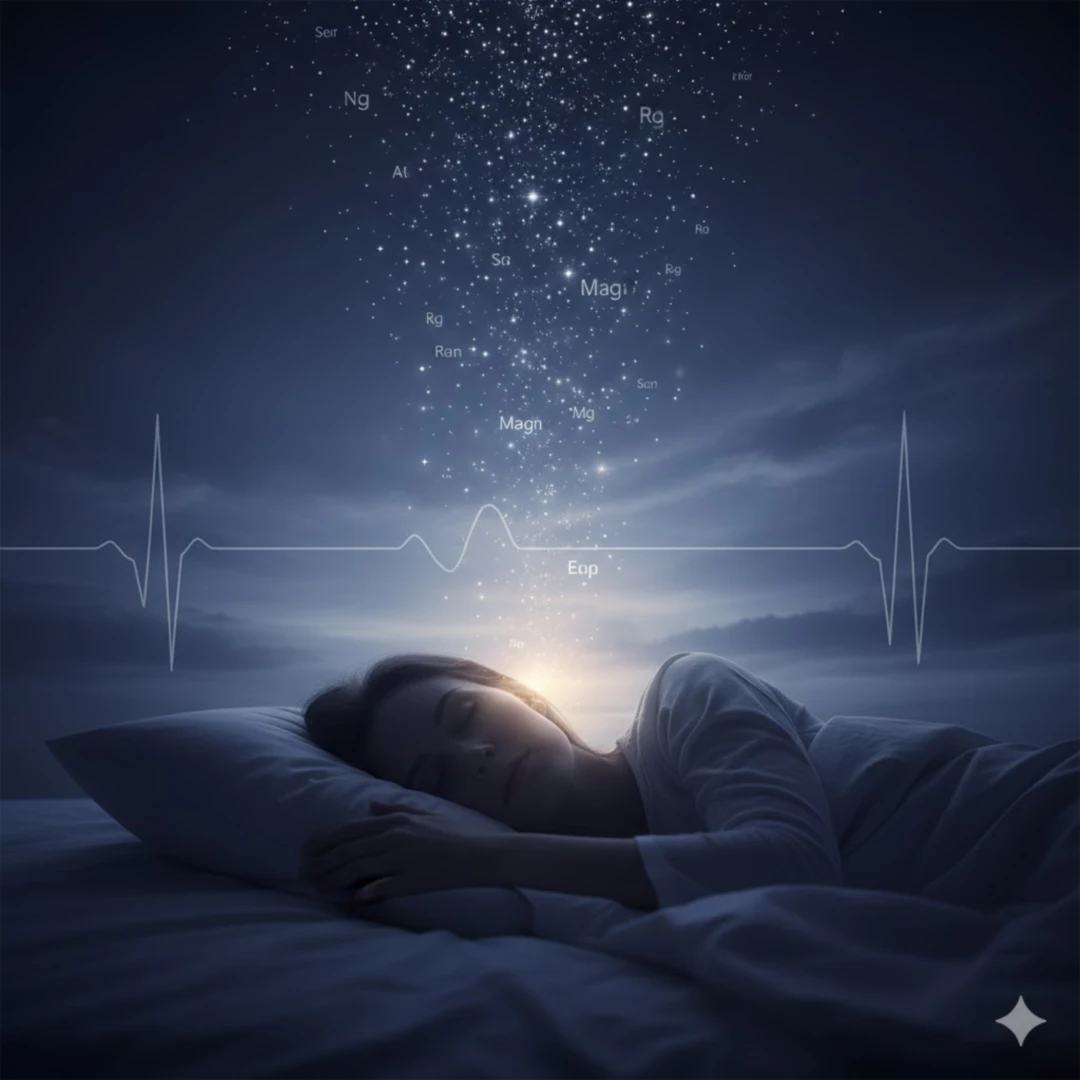 깊은 밤하늘 아래 평온하게 잠든 사람의 실루엣을 그립니다. 인물의 머리 위로는 부드럽게 감싸는 달빛이나 별빛이 마그네슘을 상징하는 작은 빛의 입자들로 표현되어 있습니다. 전체적으로 어둡고 차분한 파란색&amp;#44; 보라색 계열의 색감을 사용하여 고요하고 편안한 수면 환경을 나타냅니다. 