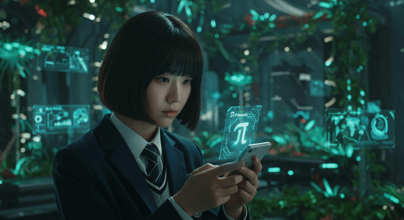 여학생이 스마트폰으로 파이네트워크 앱을 바라보는 장면 1