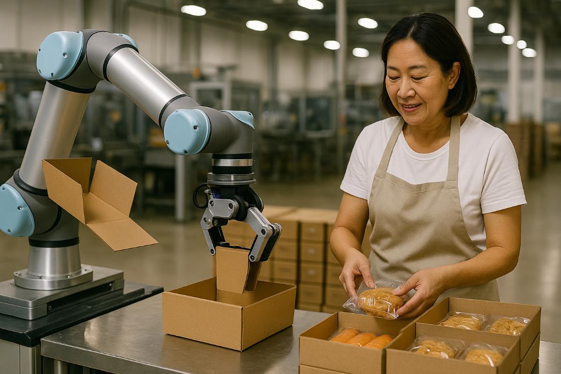 식품 제조 공장에서 협동 로봇과 사람이 함께 작업하는 장면