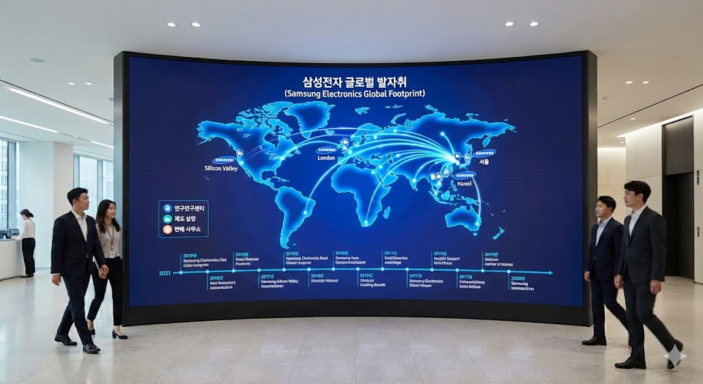 삼성전자의 전 세계 지사 및 연구소 네트워크와 주요 연혁이 표시된 글로벌 발자취 세계 지도 인포그래픽