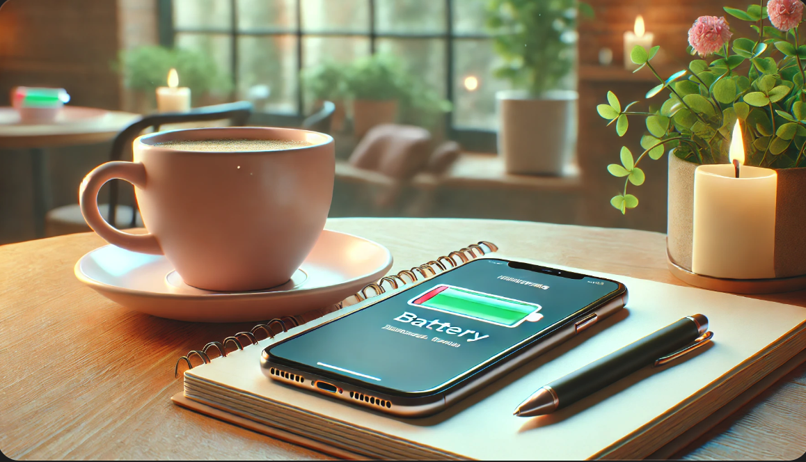 커피 컵 옆 목재 테이블 위에 배터리 상태를 표시하는 아이폰