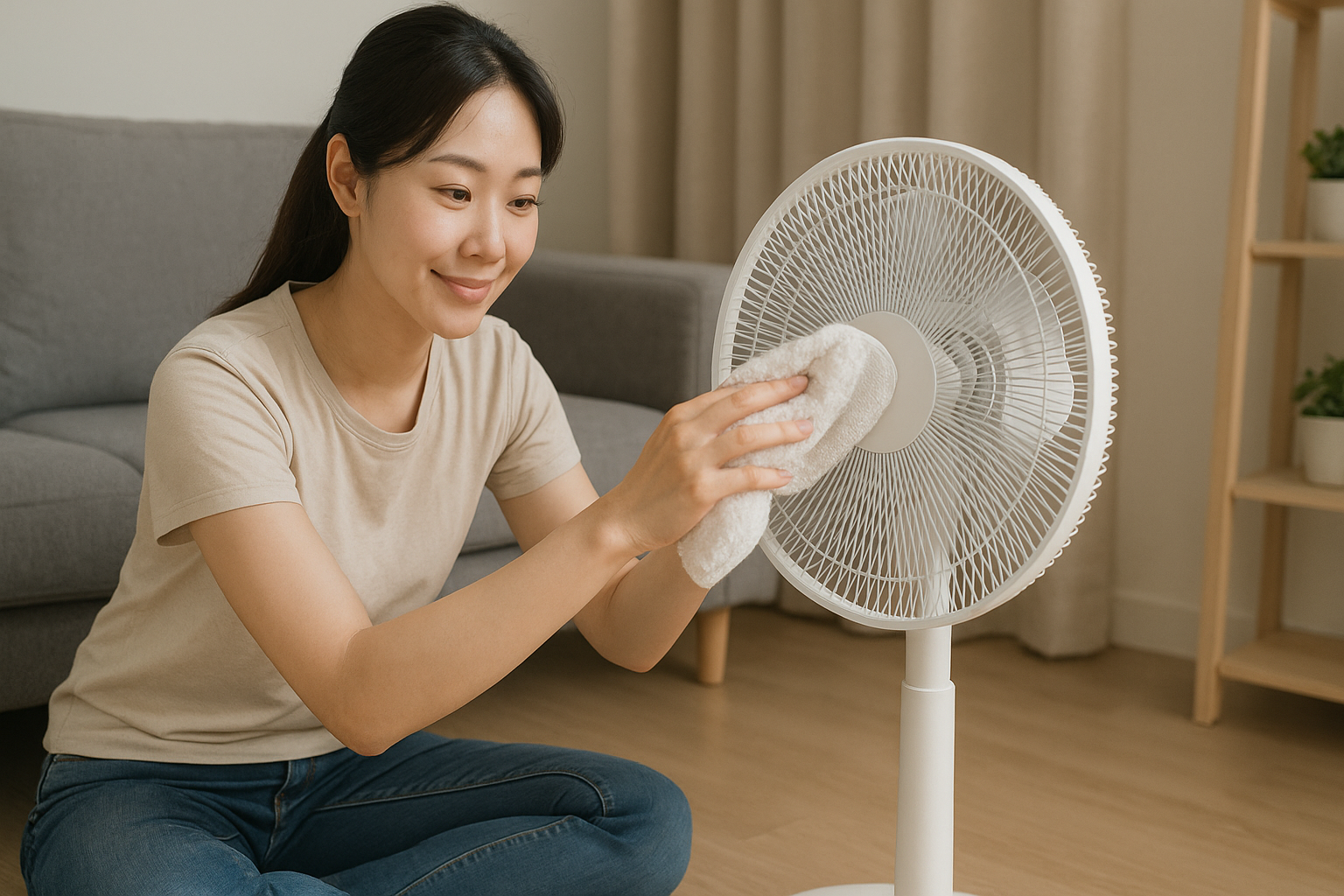 선풍기를 청소하는 여성