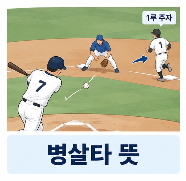 병살타 뜻과 1루 주자가 있는 상황에서 내야 땅볼로 두 아웃이 만들어지는 야구 장면을 보여주는 이미지