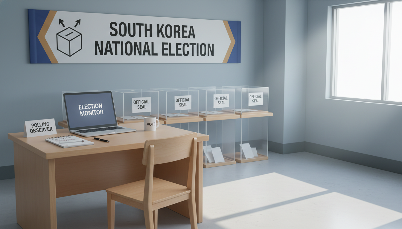 밝고 깔끔한 선거 투표소 내부에 마련된 참관인 전용 책상과 의자 일러스트