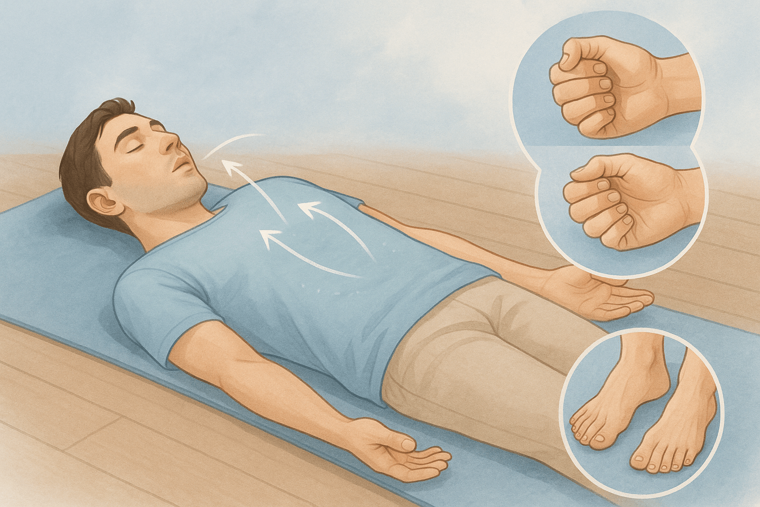 호흡과 전신 깨우기: 등을 대고 누워 양손을 편안하게 두고 코로 깊게 숨을 들이마셨다가 입으로 천천히 내쉽니다(3~5회). 이후 손가락과 발가락을 쥐었다 폈다 반복하며 말단 신경을 깨워줍니다.