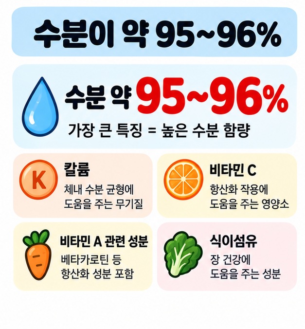 오이의 약 95에서 96퍼센트가 수분이고 칼륨 비타민 C 비타민 A 관련 성분과 식이섬유를 함유한다는 카드