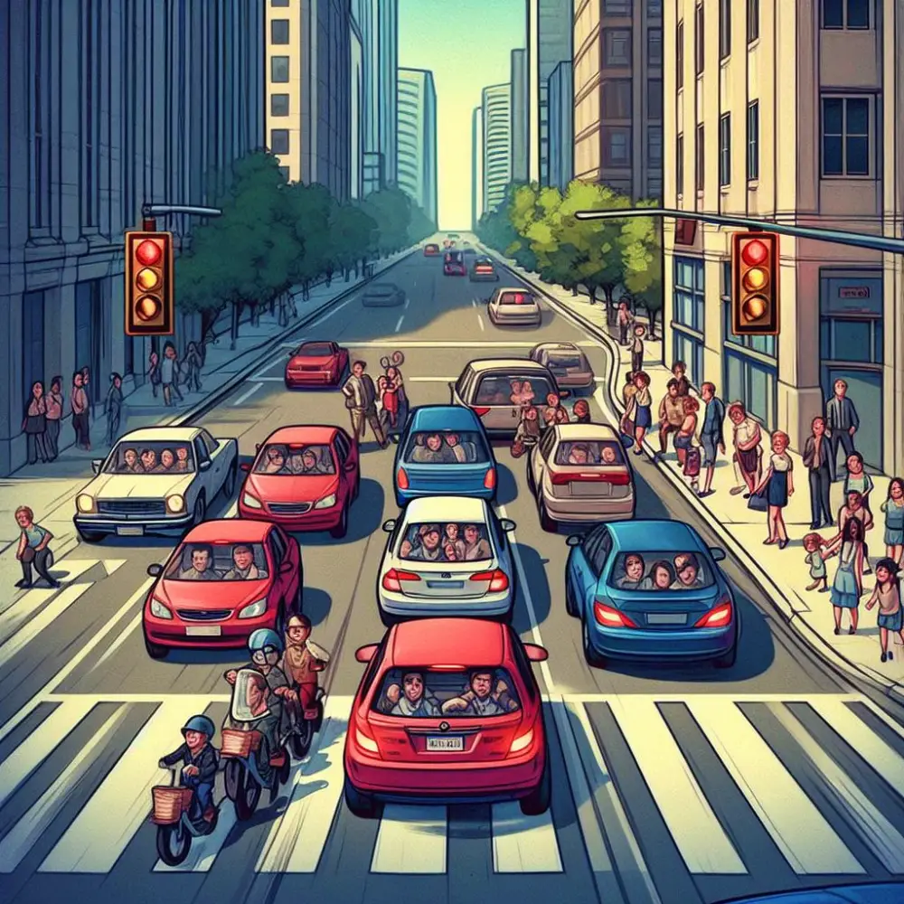 복잡한 도시에서 많은 차들이 일시정지한 모습
