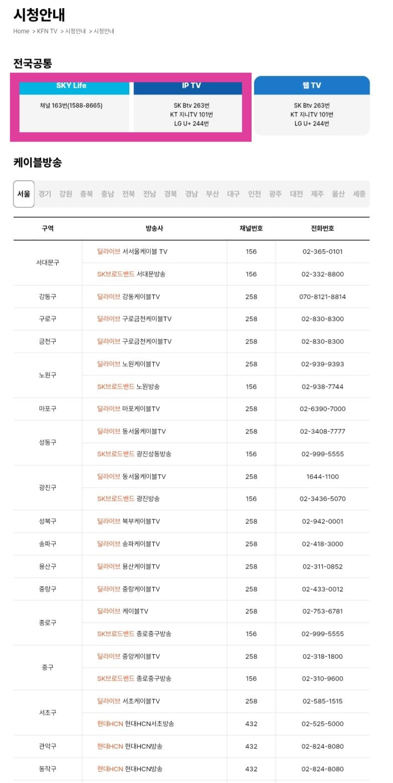 KFNTV(국방TV)-편성표-및-채널번호-확인-방법-안내-전국-공통으로-적용되는-채널-번호.-즉,-IPTV-및-위성방송의-채널번호를-하나씩-정리해-드리면,-위성방송인-SKY-Life-163번-(☎-1588-8665),-IPTV인-SK-Btv-263번,-KT-지니TV-101번,-LG-U+-TV-244번에서-시청할-수-있습니다.