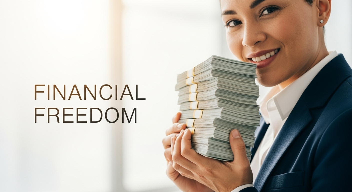 월배당 ETF 투자로 인해 늘어난 현금 다발과 미소를 짓는 사람의 모습. "경제적 자유"라는 텍스트가 희미하게 배경에 보임