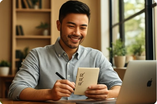 노트북 앞에서 작은 목표를 체크하며 미소 짓는 직장인의 모습