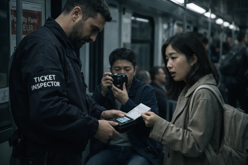 밀라노 지하철 객차 안에서 사복 차림의 검표원이 휴대용 단말기로 한국인 여성 여행객의 종이 승차권을 확인하는 장면이며, 뒤쪽 좌석에서는 한국인 남성 여행자가 작은 카메라로 상황을 조심스럽게 기록하고 있다.