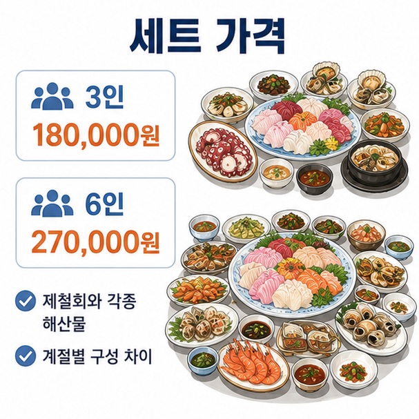 3인 세트 18만 원과 6인 세트 27만 원의 공개 가격과 제철회, 각종 해산물로 구성되는 상차림을 설명한 이미지