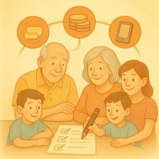 고령 부부와 가족이 체크리스트를 확인하며 현금&middot;카드&middot;휴대폰 아이콘이 연결된 장면 이미지