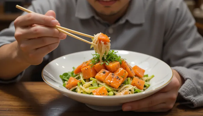 연어 샐러드를 먹으며 건강을 챙기는 중년 한국 남성