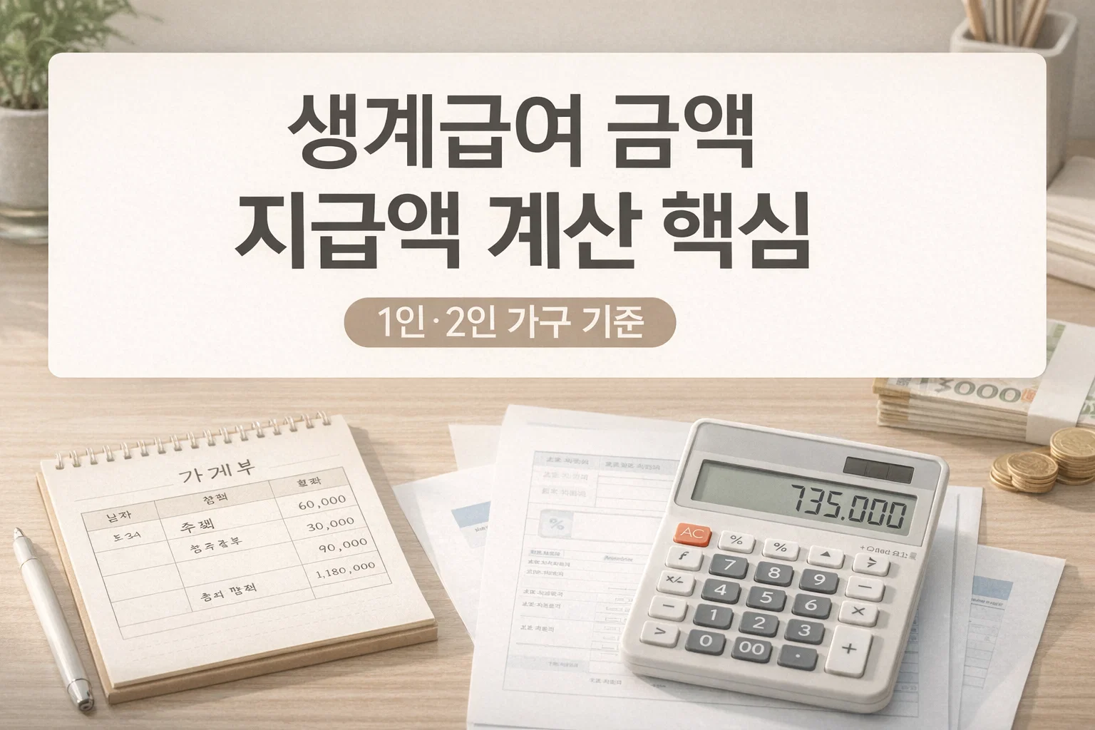 생계급여 금액이 어떻게 정해지는지, 지급액 계산 핵심과 1인&middot;2인 가구 기준 흐름을 한눈에 이해할 수 있도록 정리한 대표 이미지