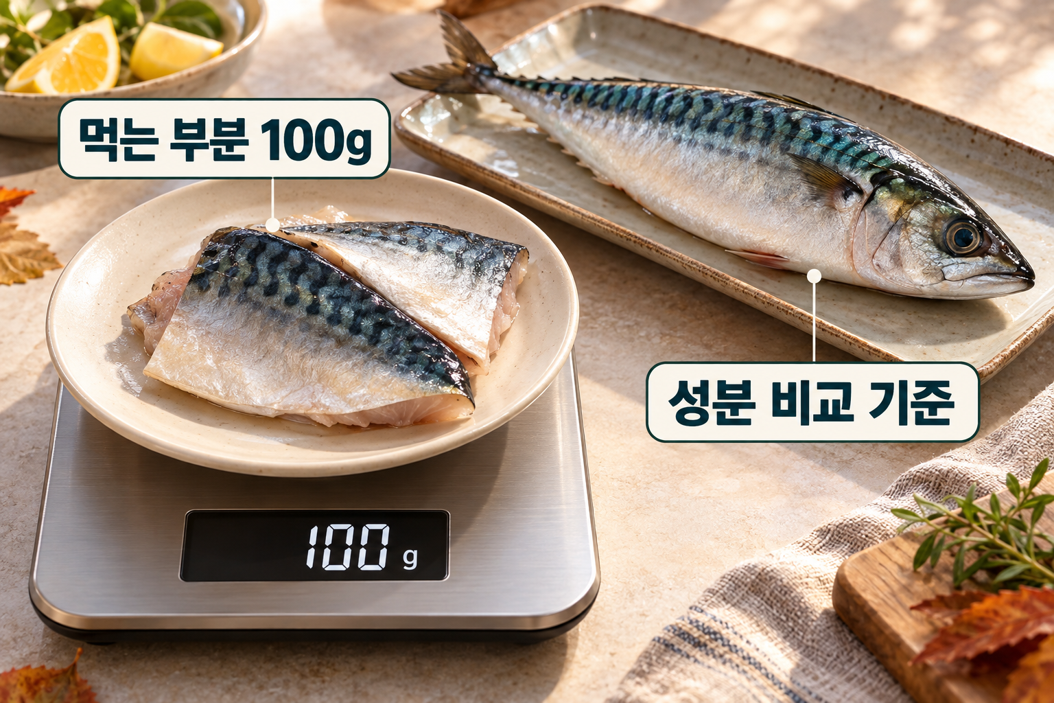 한 마리와 별도로 덜어 저울에 올린 고등어 생것의 먹는 부분 100g.