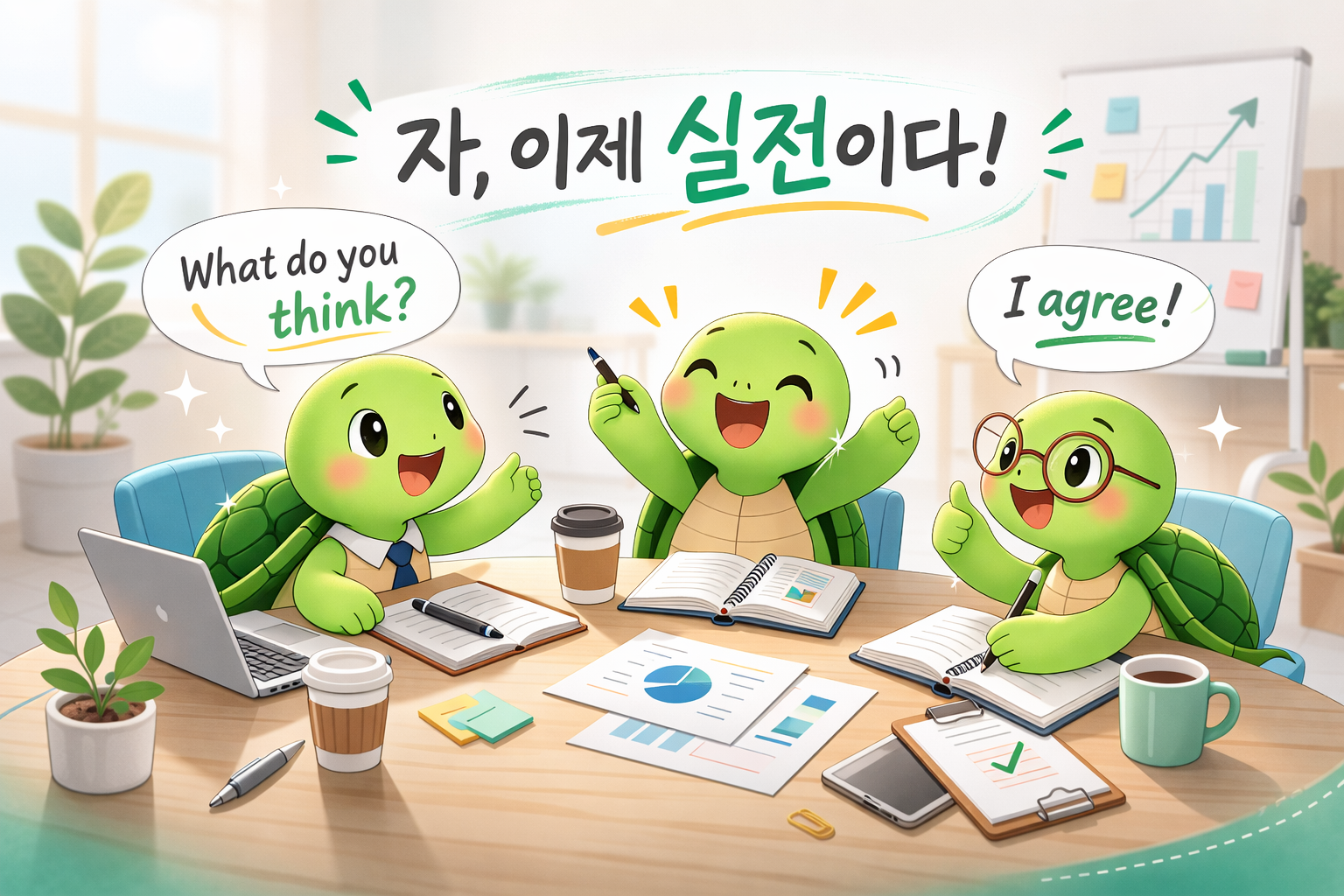 거북이 캐릭터 3마리가 회의 테이블에 둘러앉아 What do you think와 I agree 말풍선으로 대화하는 쉼프학당 비즈니스 영어 회의 일러스트