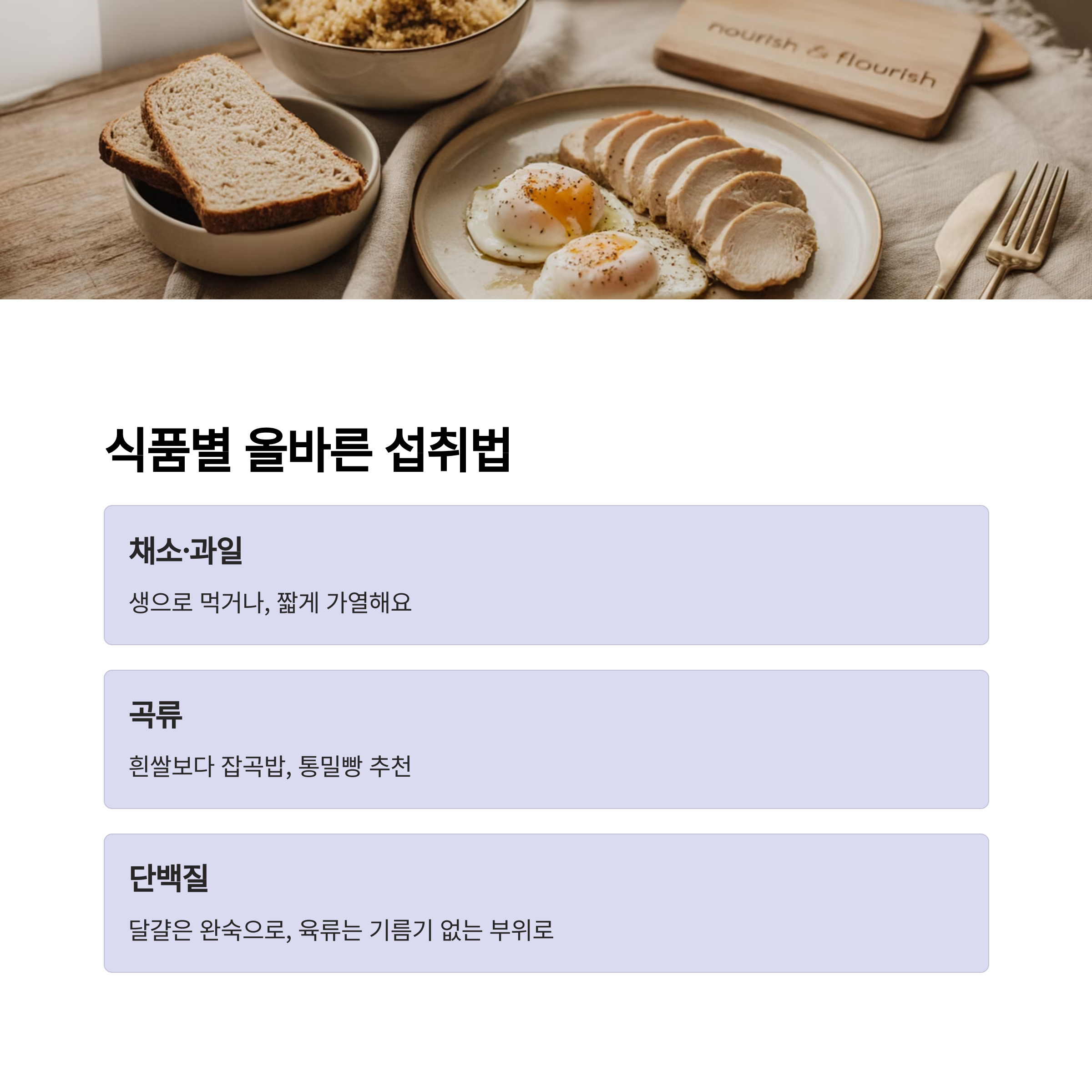 채소, 곡류, 단백질별로 올바른 섭취법을 정리한 임신 초기 식단 가이드 이미지