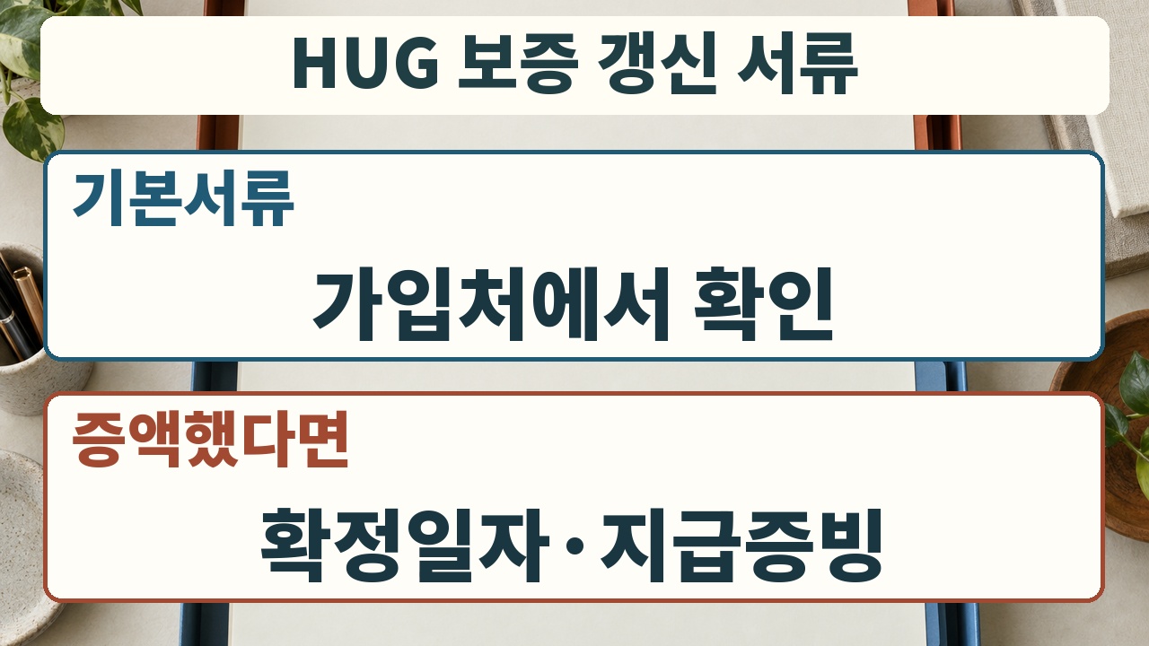 HUG 보증 갱신에서 기본서류와 증액 시 확정일자 계약서·지급증빙을 구분한 안내