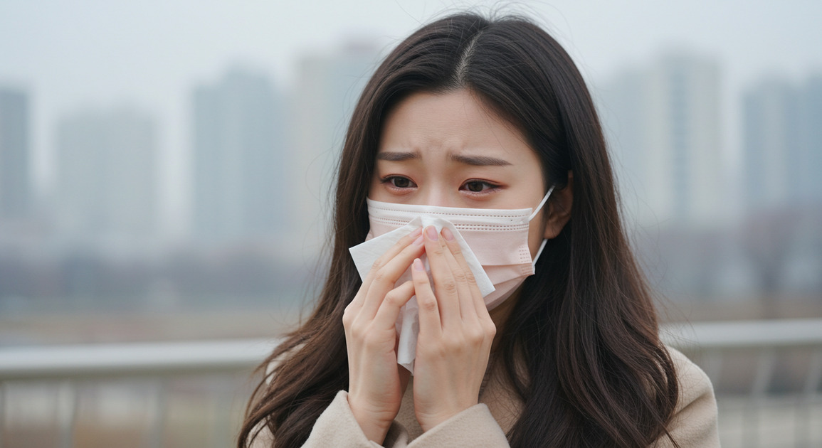 알레르기 비염 환자가 마스크 쓰고 생활하는 이미지