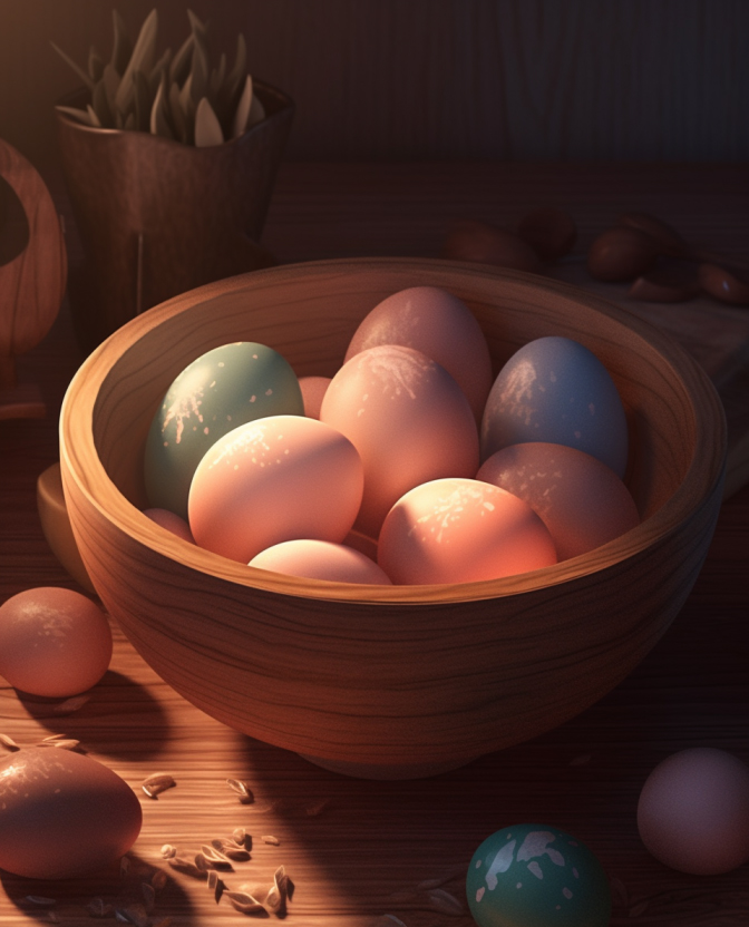 나무 그릇에 담겨있는 계란들
