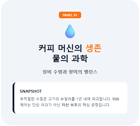 커피 머신의 장비 수명과 향미 밸런스를 결정하는 물의 과학을 설명하는 도입부 패널입니다. 부적절한 수질은 고가의 보일러를 1년 내에 파괴할 수 있으며, TDS 제어는 단순 여과를 넘어선 자산 보호의 핵심 공정임을 강조하는 핵심 요약(Snapshot)을 포함하고 있습니다.