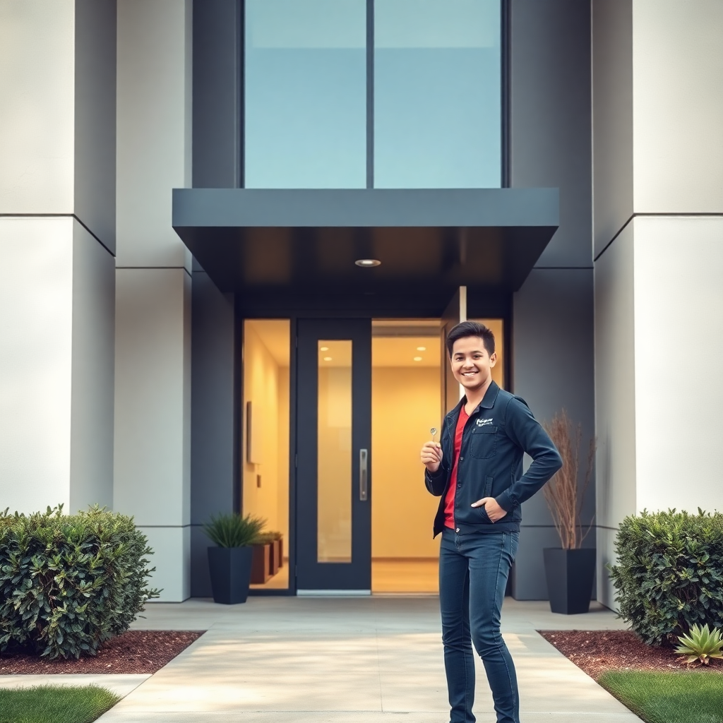 현대적이고 깔끔한 외관의 공무원 임대주택 건물의 입구. 한 젊은 공무원이 환한 미소를 지으며 문을 열고 들어서거나, 새로운 집의 열쇠를 들고 있는 모습. 밝고 희망찬 분위기.