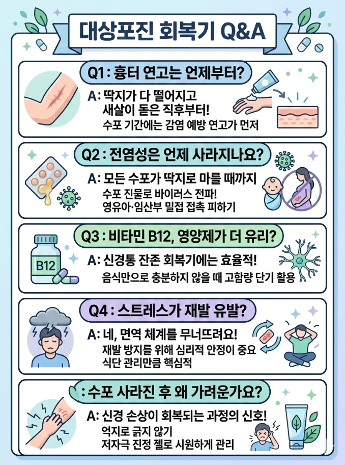 대상포진 회복기 자주 묻는 질문 Q&A: 흉터 연고, 전염성, 비타민 B12, 재발 요인 정리