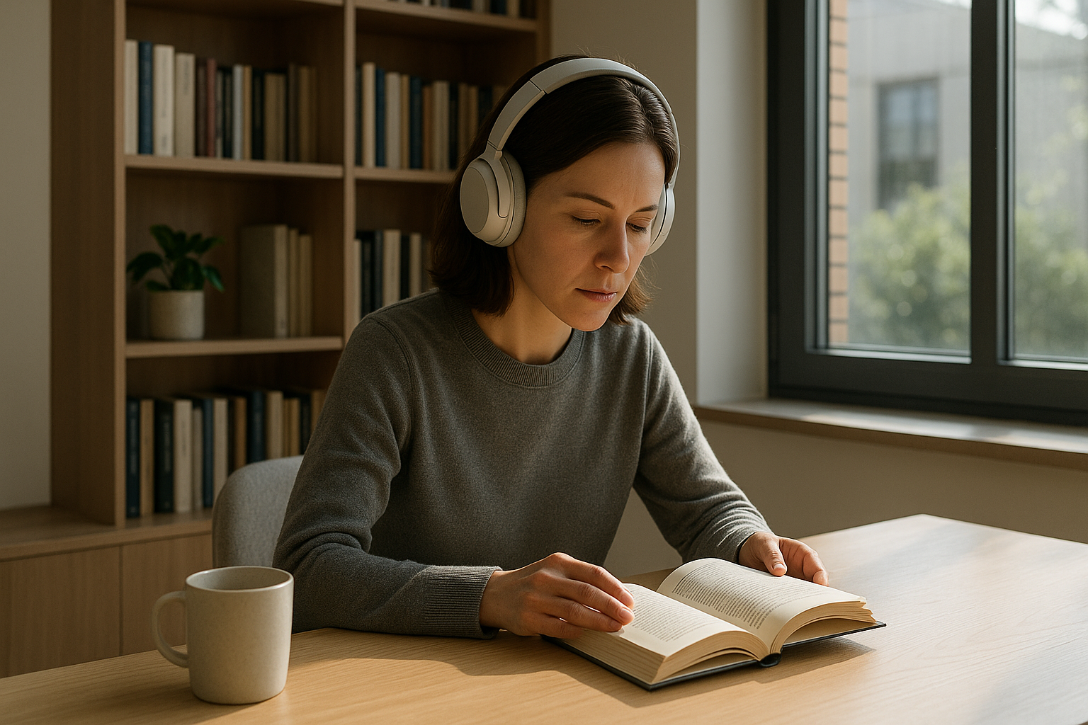무음 상태의 미니멀한 서재에서 한 사람이 헤드폰을 쓰고 집중하여 작업하는 장면(Ai생성이미지)
