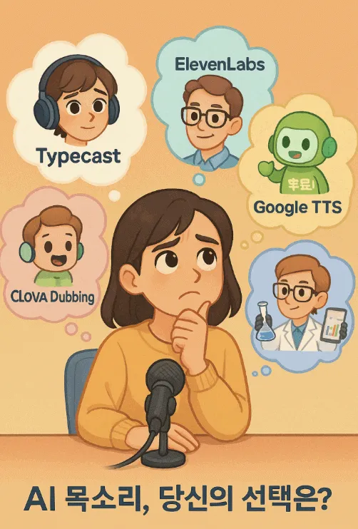 ‘AI 목소리, 당신의 선택은?’이라는 문구 아래, 고민하는 콘텐츠 제작자와 함께 네 가지 AI 음성 합성 툴 캐릭터가 말풍선으로 등장하는 웹툰 스타일 대표 이미지. Typecast, ElevenLabs, CLOVA Dubbing, Google Cloud TTS의 개성을 표현한 픽사풍 일러스트. 이 이미지는 한국어 콘텐츠 제작자를 위한 TTS 툴 비교 블로그 글의 대표 이미지로, 주요 음성 AI 툴들의 특징과 선택 고민을 직관적으로 전달함 (ai voice tools, korean TTS, Pixar-style illustration).