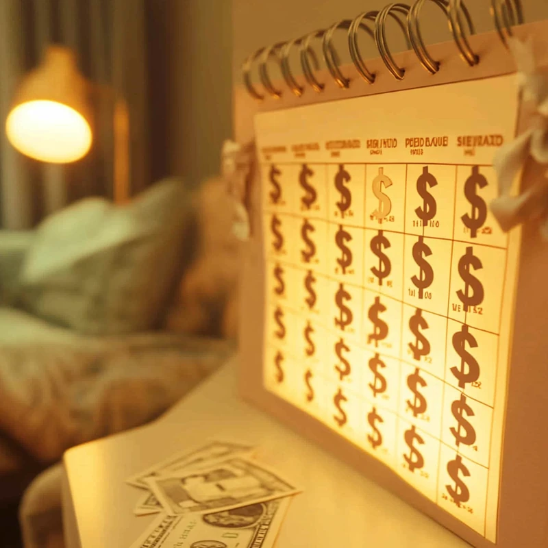 달러 기호가 표시된 캘린더에서 월 배당금을 상징하는 이미지. 경제적 안정감과 기대감이 느껴지는 깔끔한 미니멀리즘 스타일이다.