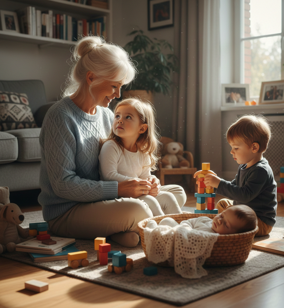 서울 조부모 돌봄 수당 안내 이미지: 할머니가 집에서 손주들을 돌보는 모습