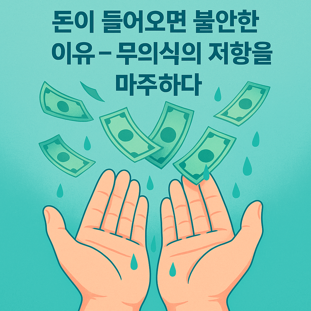 두 손 위로 떨어지는 돈과 눈물의 이미지 – 무의식의 저항과 감정 해소를 상징