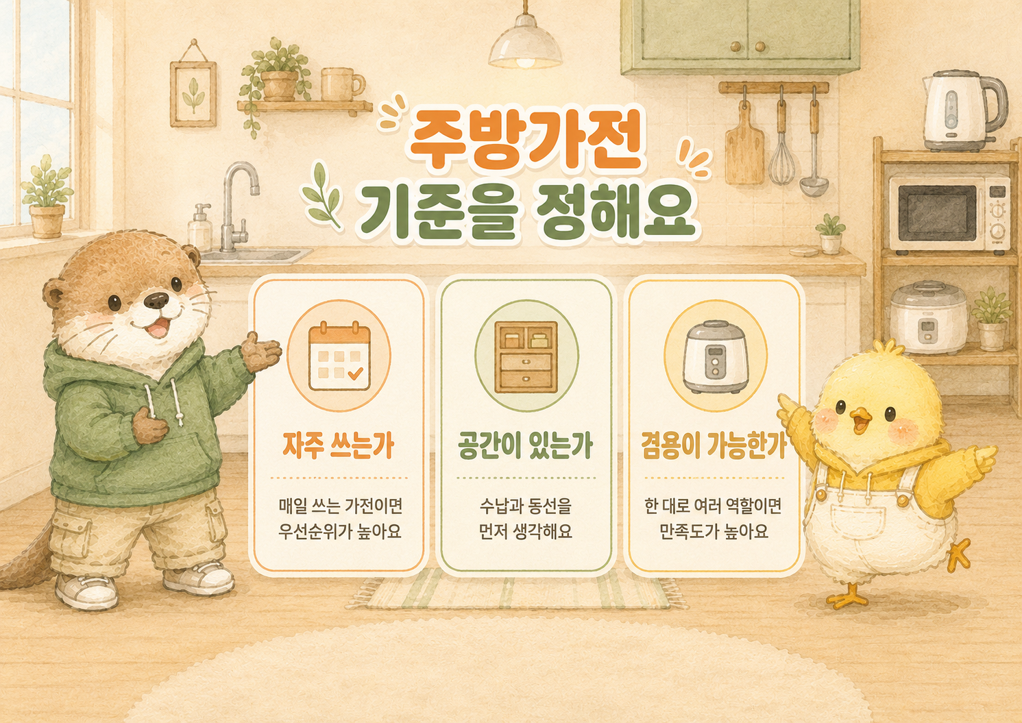 원룸 자취생에게 맞는 주방가전 구성을 필수와 선택으로 나눠 보여주는 인포그래픽