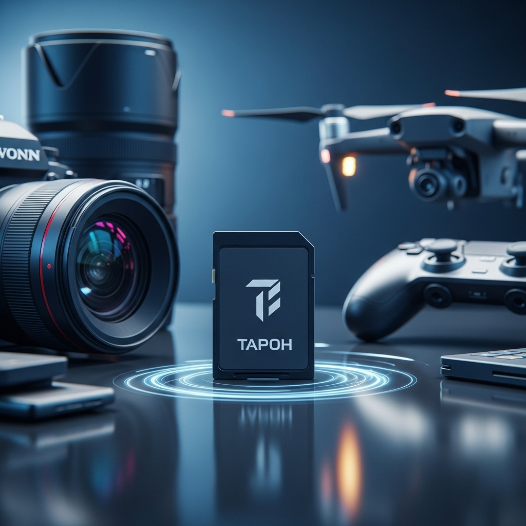 타포 고성능 SD카드가 카메라, 드론, 게임 컨트롤러를 배경으로 빛나고 있는 모습. 고속 데이터 처리와 뛰어난 내구성을 상징합니다.