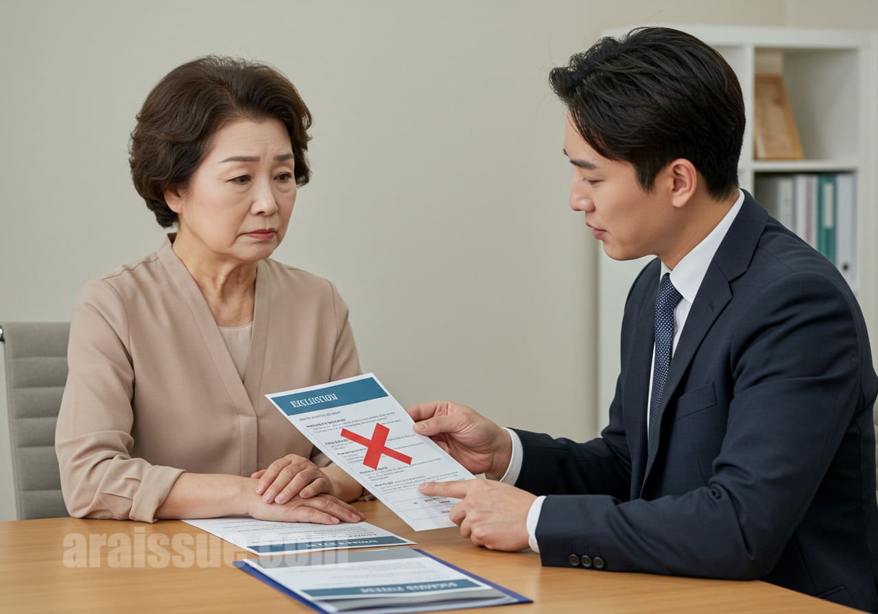 60대 한국 여성이 보험 상담사에게 실손보험에서 보장되지 않는 항목에 대해 듣고 있는 장면. 테이블 위엔 ‘X’ 표시가 있는 서류가 놓여 있고, 여성은 난처한 표정이다.