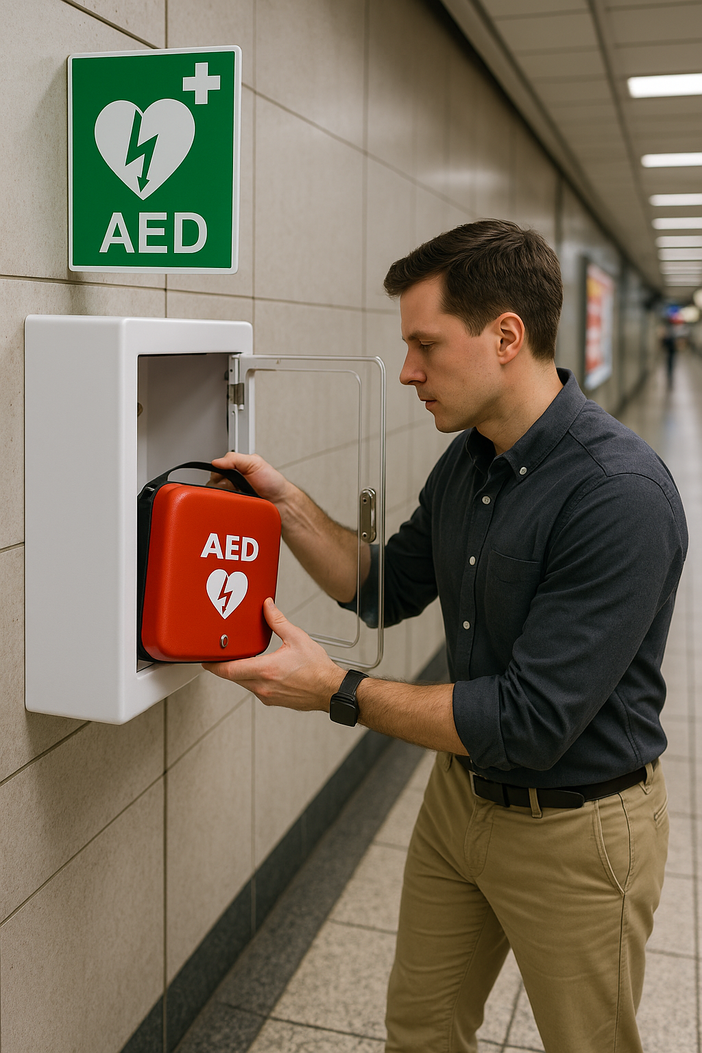 지하철역 AED 보관함에서 자동심장충격기 케이스를 꺼내는 모습