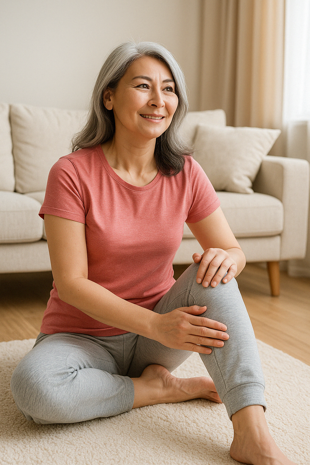 밝은 실내에서 무릎을 가볍게 마사지하는 50대 중년 여성