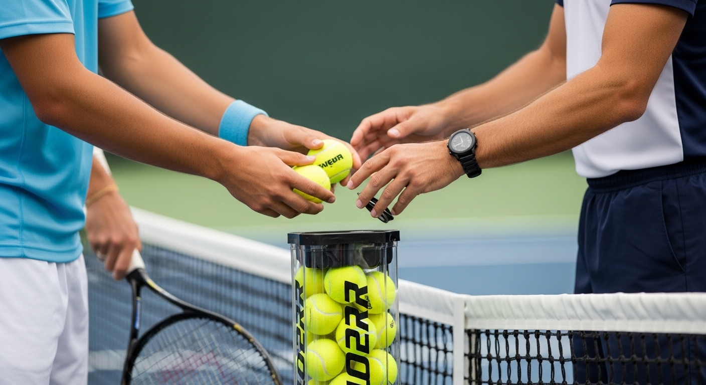 심판이 새 테니스 공 캔을 개봉하여 선수들에게 전달하는 모습